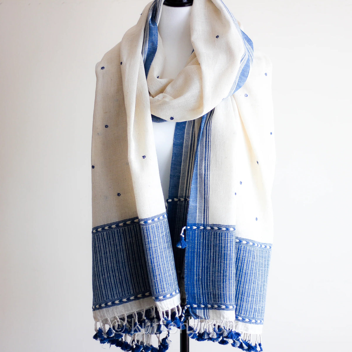 Handspun Handwoven Organic Cotton Shawl with Embroidered Mirrors 100 Organic Kala Cotton Wrap Cream Blue 40x96