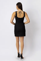 Sculpted Open Back Sleeveless Linen Mini Dress Low Scoop Back with Delicate Tie Detail