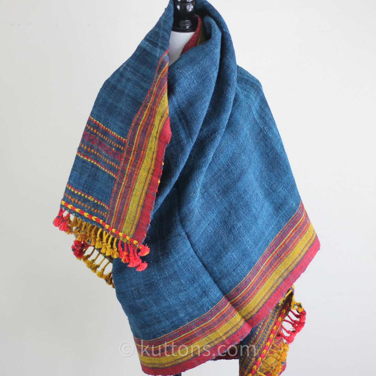 Handspun Handwoven Multipurpose Ethnic Shawl cum Throw Sheep Wool Blue 37x82