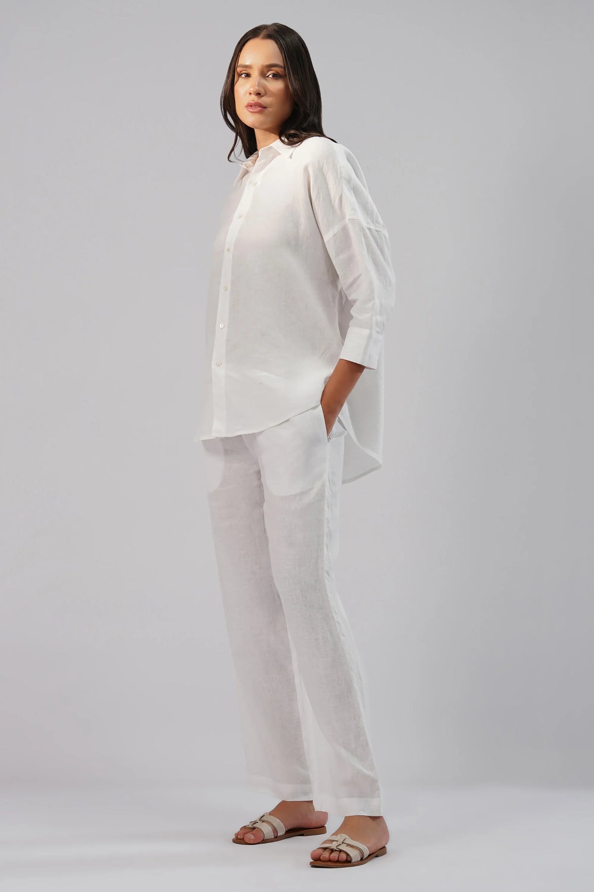 Relaxed Fit Linen Shirt with Wrap Styling Detail Drop Shoulders