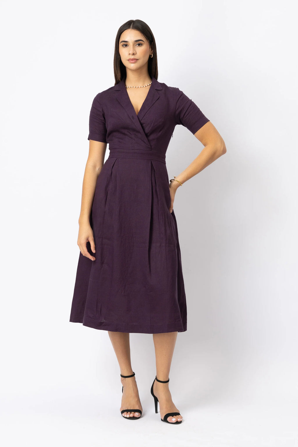 Linen Collared Wrap Style Midi Dress with Pleated Skirt