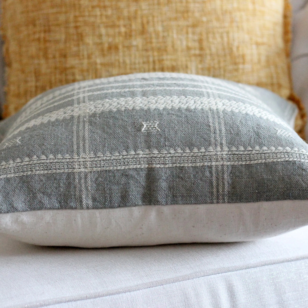 Handwoven Bhujodi Wool Cotton Cushion Cover Vintage Rustic Pillow Gray Blue 20x20