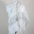 Ethnic Hand Painted Madhubani Scarf Linen Wrap White Black Peacock Motifs 20x80