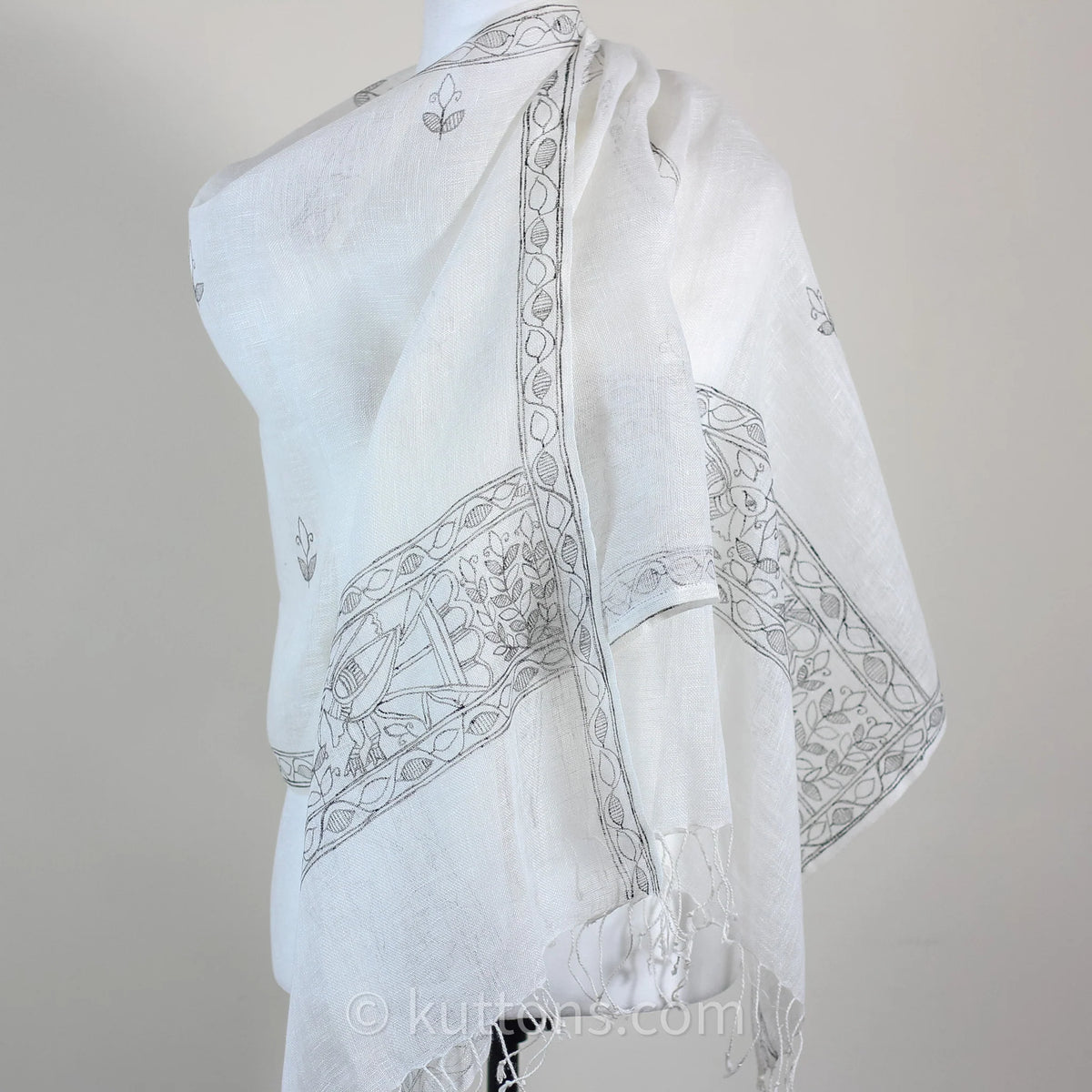 Ethnic Hand Painted Madhubani Scarf Linen Wrap White Black Peacock Motifs 20x80