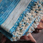 Tussar Silk Merino Wool Shawl with Tassels Handspun Handwoven Blue Golden Brown 40x82