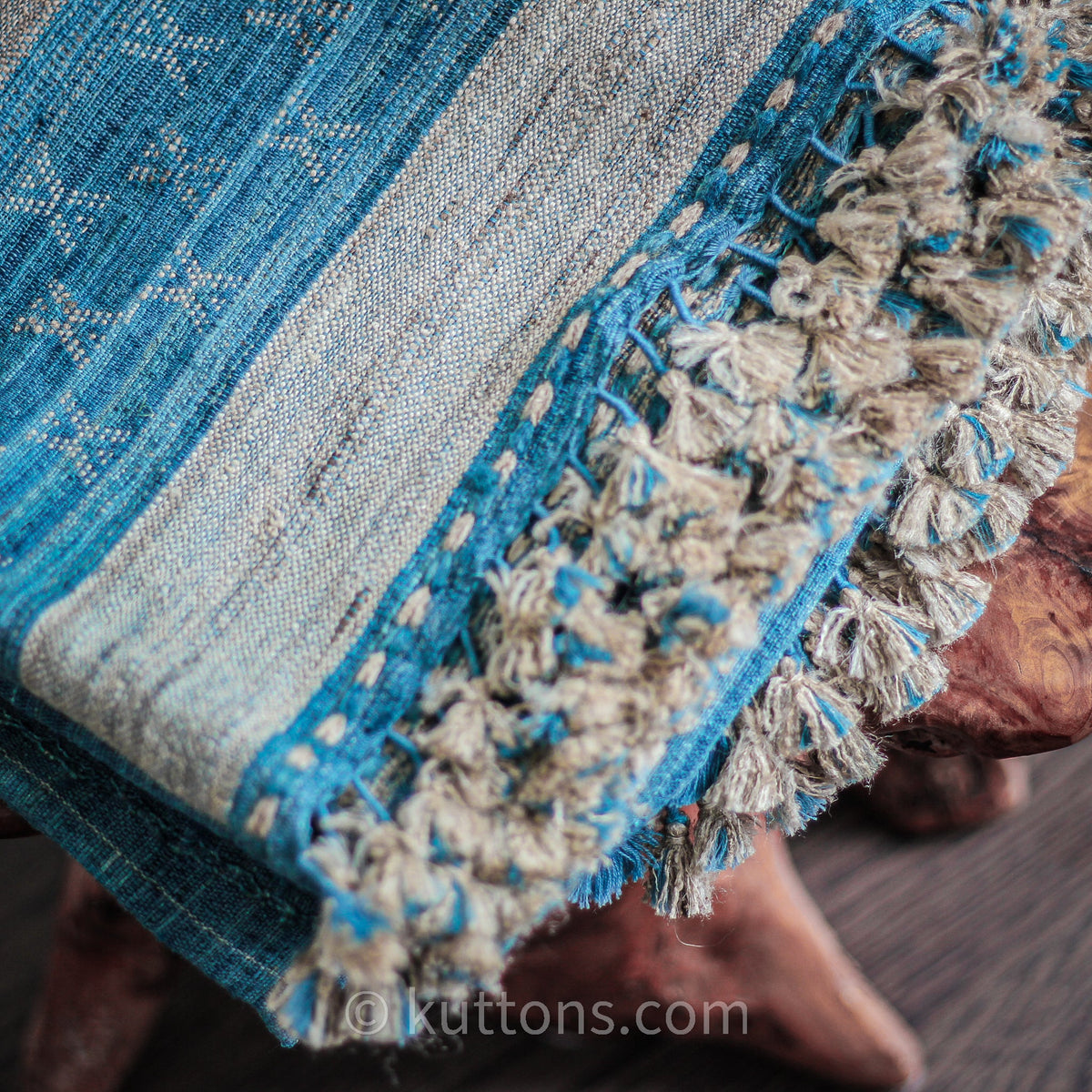 Tussar Silk Merino Wool Shawl with Tassels Handspun Handwoven Blue Golden Brown 40x82