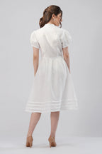 Puff Sleeve Linen Midi Dress with V Neck Button Front