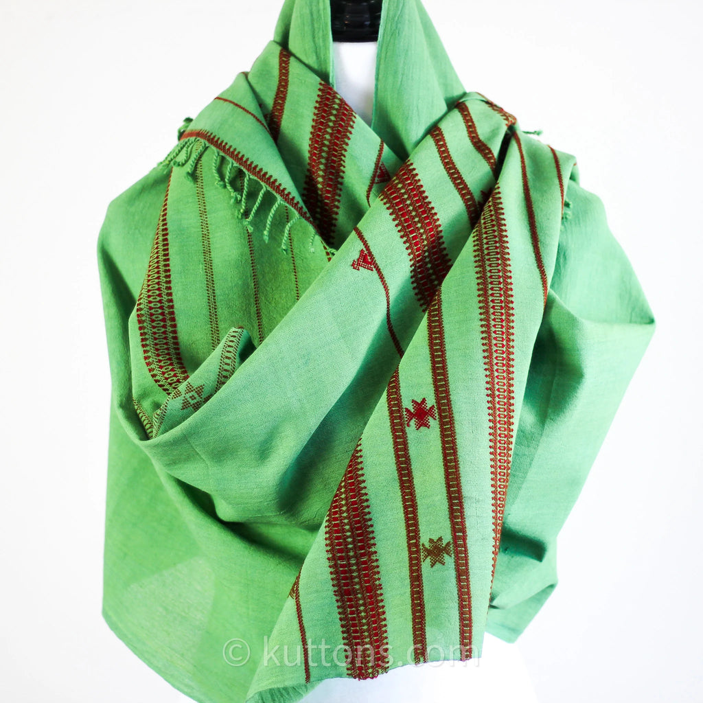 Organic Cotton Scarf Handwoven Kala Cotton Wrap with Tassels Green 22x73