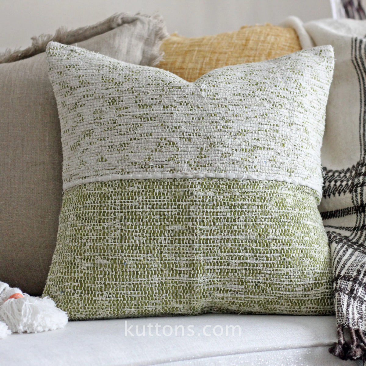 Handwoven Linen Throw Pillow Cover Made from Fabric Waste Decorative Linen Cushions Green 20x20