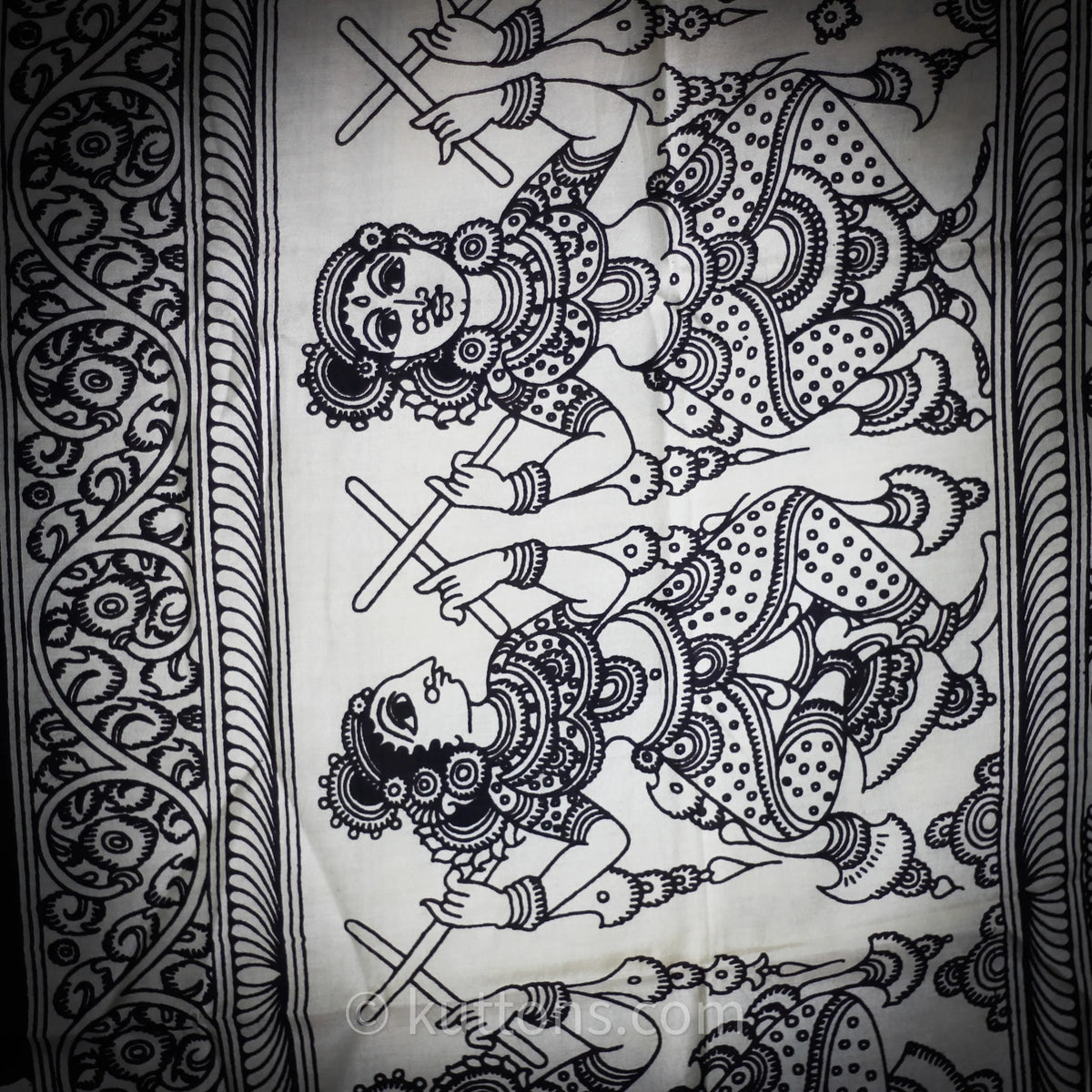 Ethnic Hand Painted Kalamkari Silk Wrap Natural Dyes Floral Dancing Divas Black 36x93