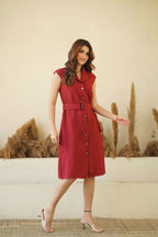 Sassy Button Down Linen Midi Shirt Dress with Lapel Collar Belt Pockets Scarlet Red Sleeveless Linen Tunic Dress