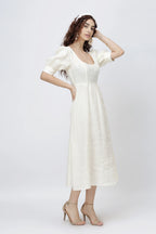 Square Neck Puff Sleeve Linen Midi Dress in Premium European Linen