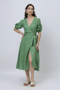 The Elegant Linen Wrap Midi Dress Puff Sleeves