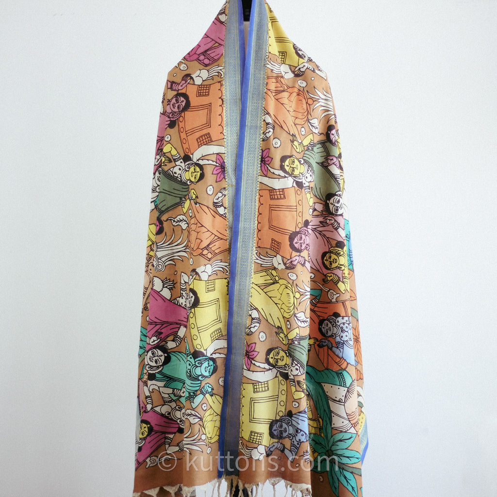 Ethnic Hand Painted Kalamkari Cotton Wrap Cum Art Deco Natural Colours Dancing Mudras Multicolour 35x92