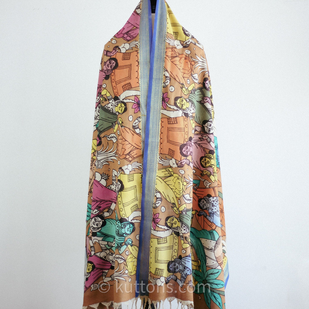 Ethnic Hand Painted Kalamkari Cotton Wrap Cum Art Deco Natural Colours Dancing Mudras Multicolour 35x92