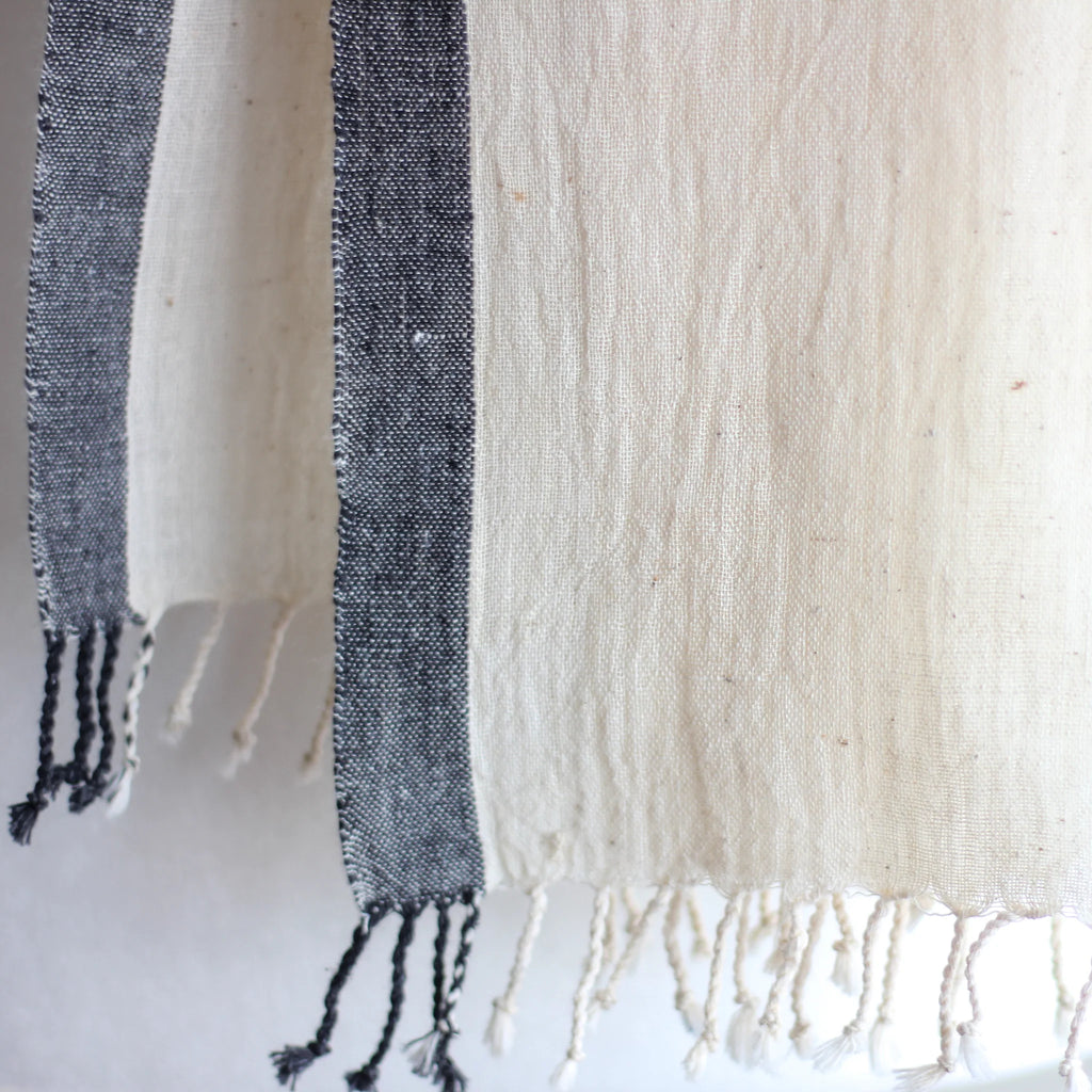 Organic Kala Cotton Wrap with Tassels Handwoven Genetically Pure Organic Cotton Scarf Cream Gray 23x84