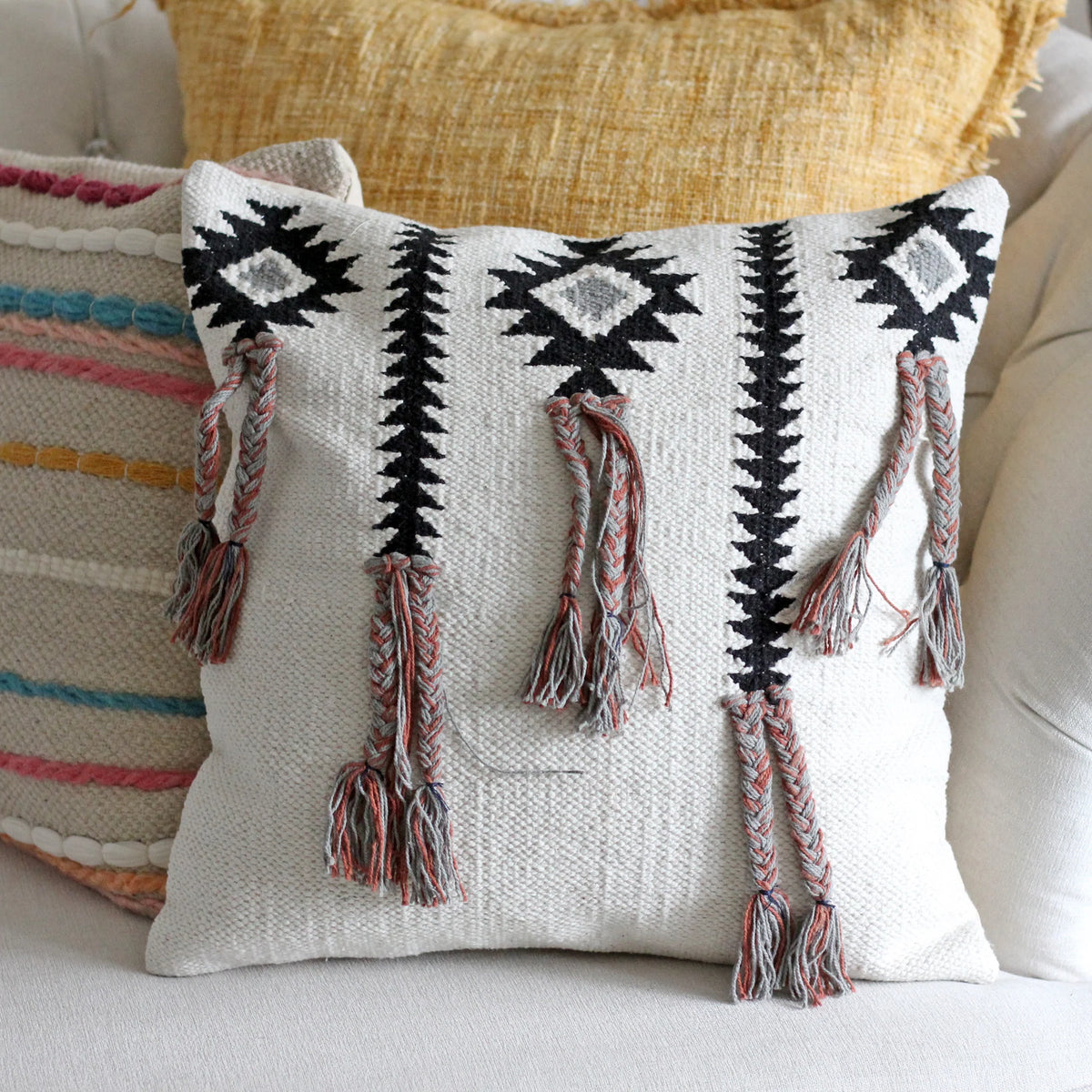Boho Pillow Cover with Playful Long Tassels Handwoven 100 Cotton Cushion Cream 18x18