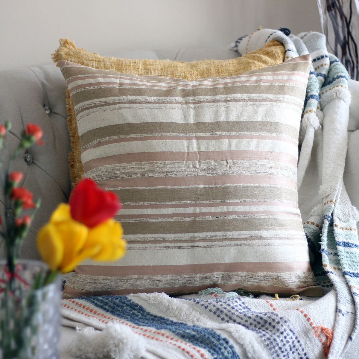 Handwoven Silk Textured Stripe Pillow Cushion Cover Coconut Shell Button Cream Golden Brown 21x21