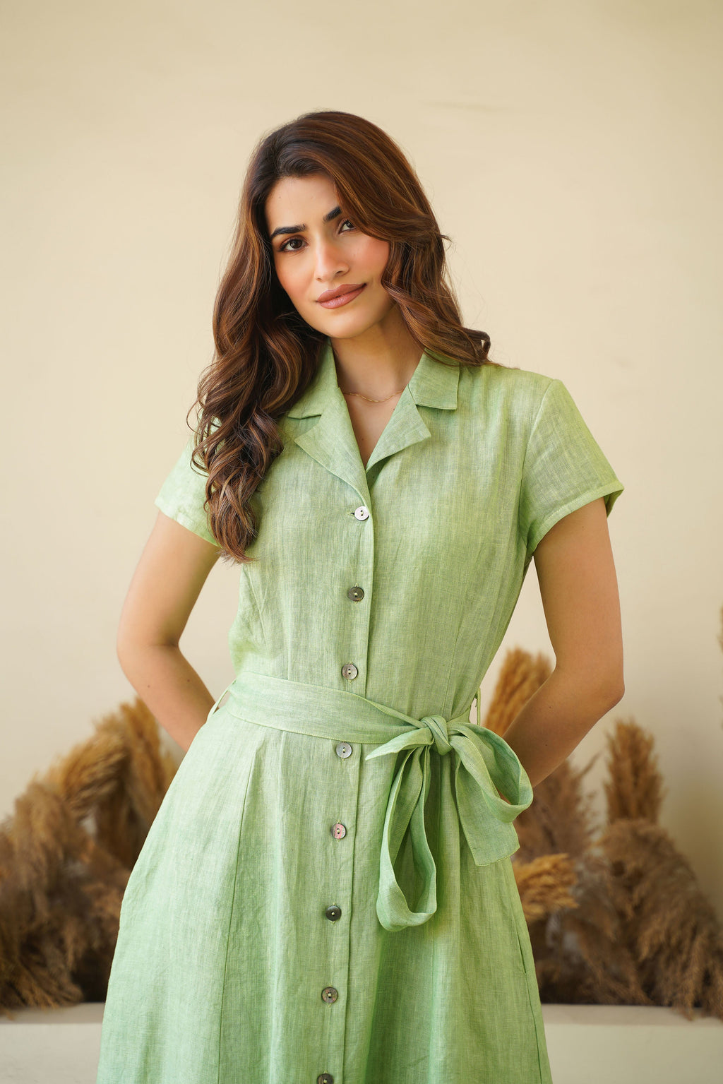 Sage Green Linen Button Down Dress with Lapel Collars Cap Sleeves Tie Belt Fit and Flare Dress
