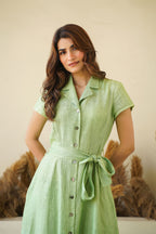 Sage Green Linen Button Down Dress with Lapel Collars Cap Sleeves Tie Belt Fit and Flare Dress