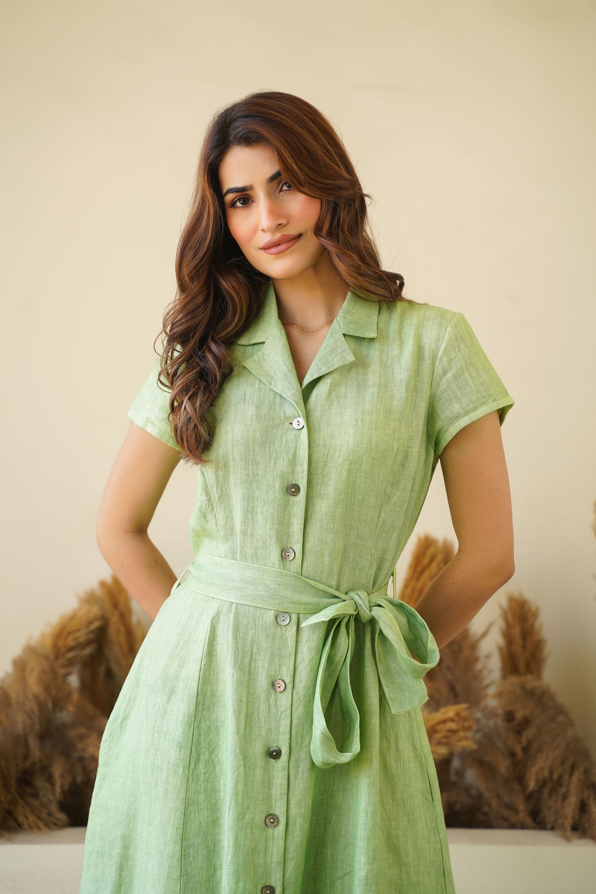 Sage Green Linen Button Down Dress with Lapel Collars Cap Sleeves Tie Belt Fit and Flare Dress