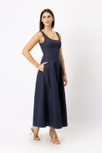 Linen Scoop Neck Maxi Dress with Side Slit