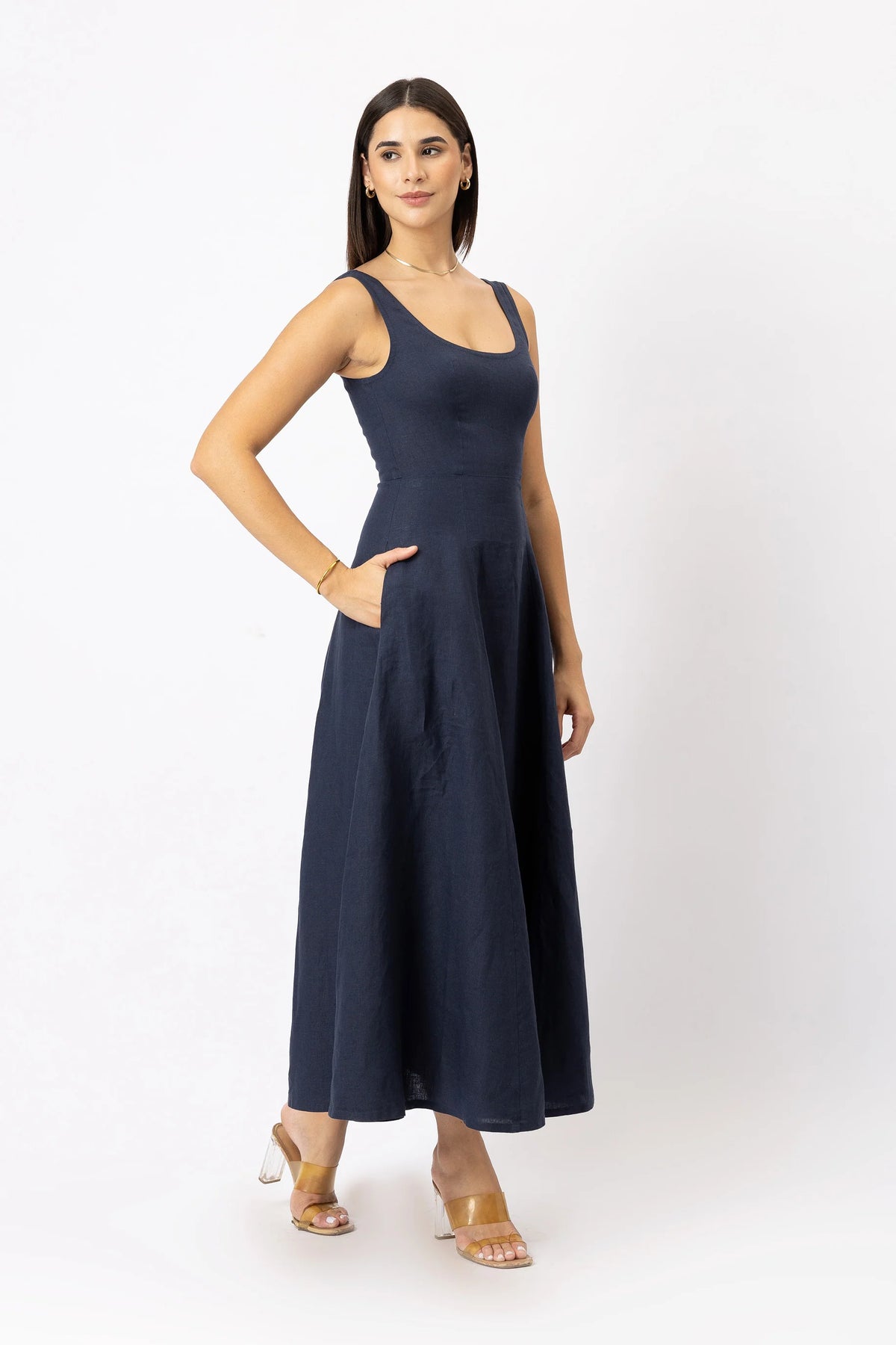 Linen Scoop Neck Maxi Dress with Side Slit