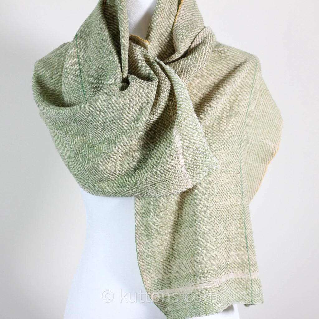 Himalayan Merino Wool Scarf Handspun Handwoven and Naturally Dyed in the Himalayas with Indigo Tesu Flowers Green 13x76