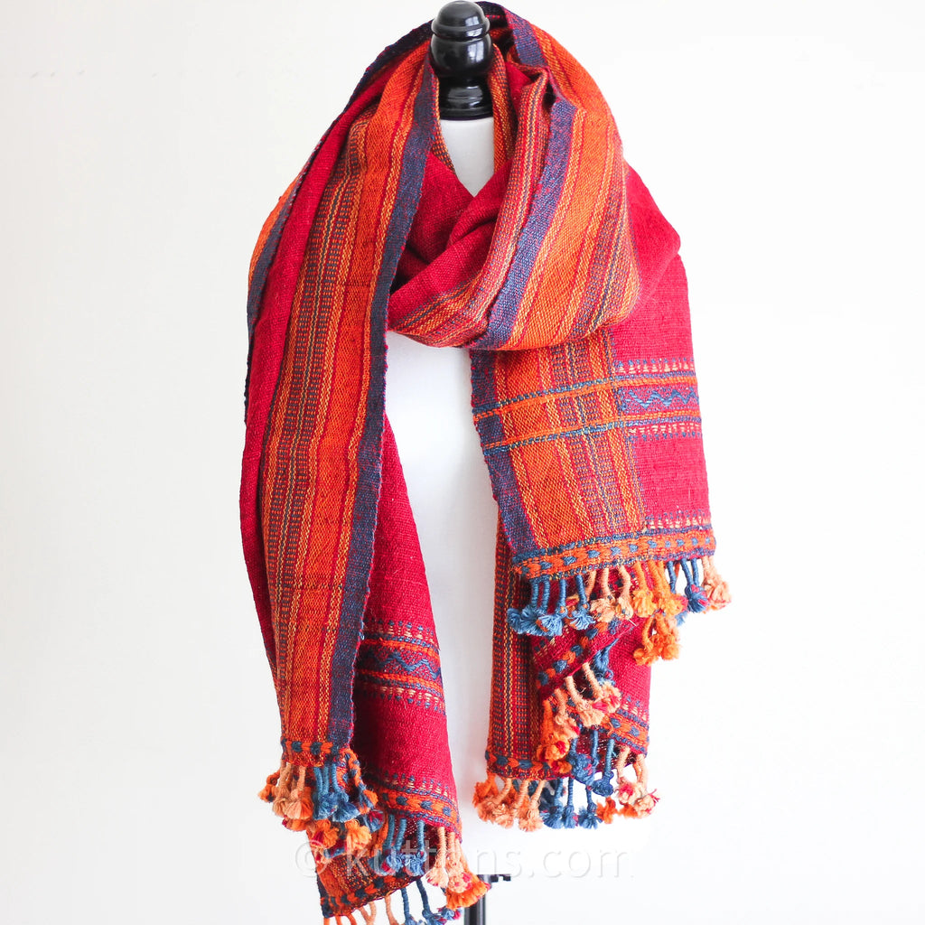 Handspun Handwoven Ethnic Raw Wool Shawl Rustic Wrap Throw Red Orange 36x85