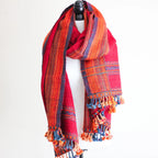 Handspun Handwoven Ethnic Raw Wool Shawl Rustic Wrap Throw Red Orange 36x85