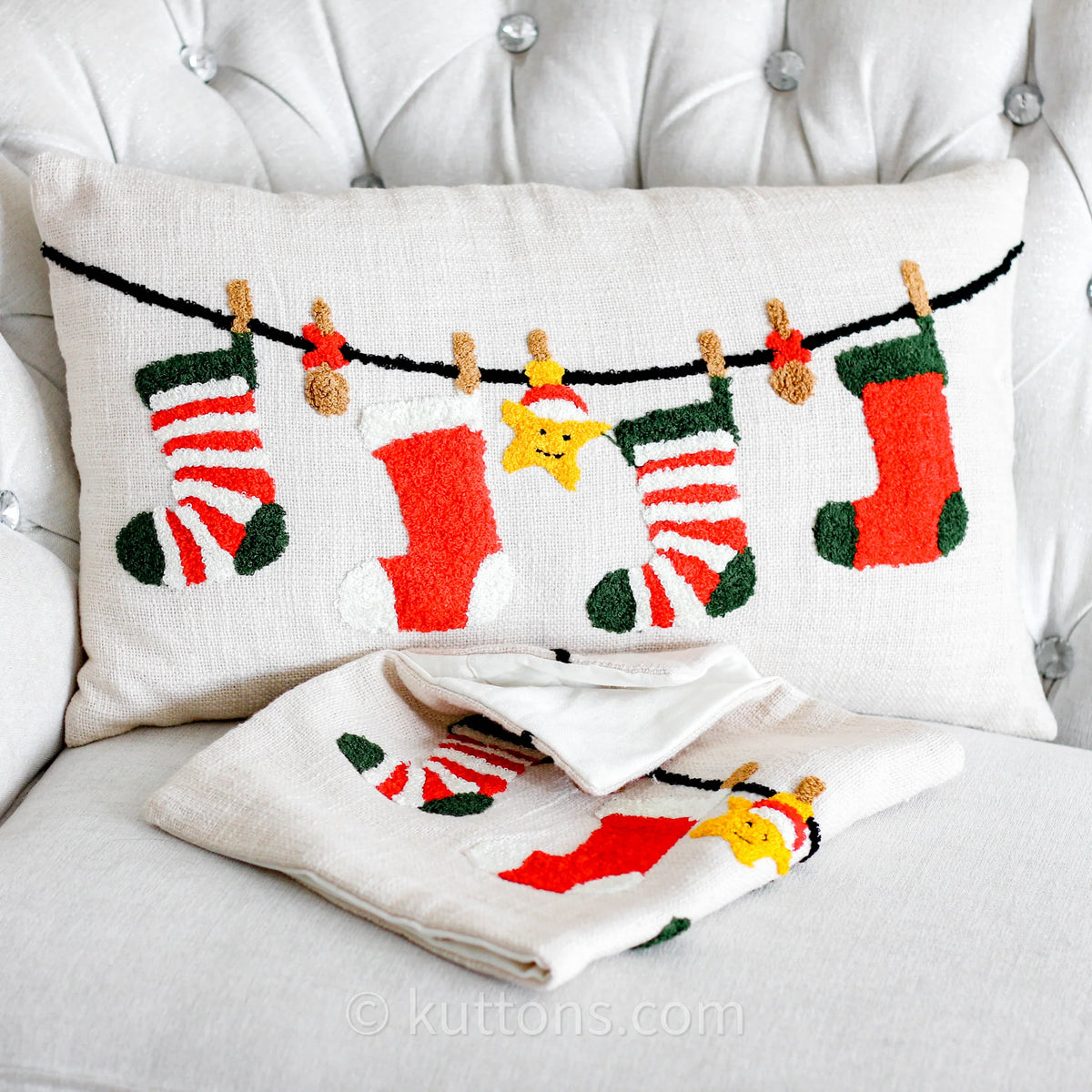 Christmas Stockings Cushion Cover Textured Cotton Tufted Holiday Theme Pillow Case Cream Red 24x14 Pair of 2