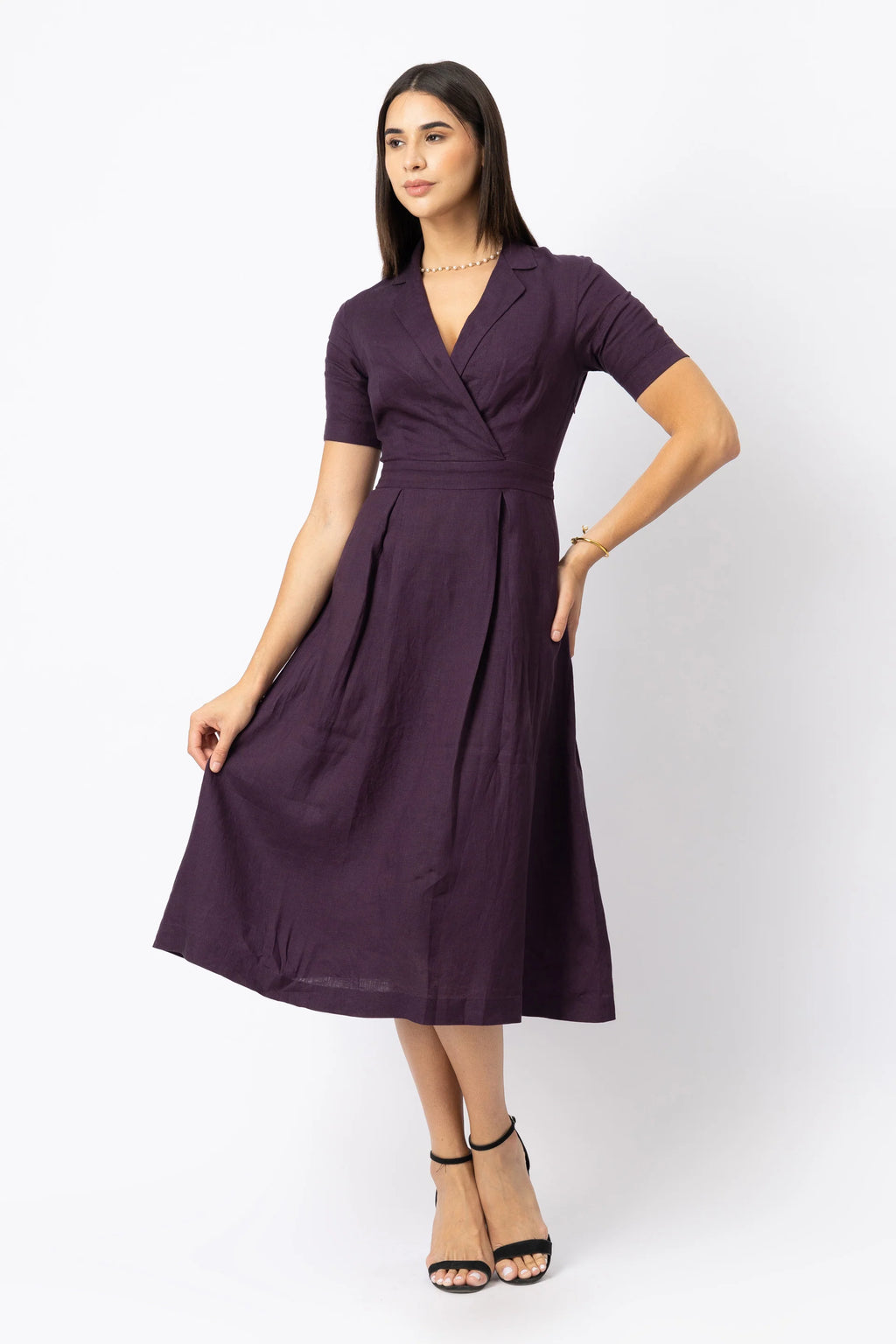 Linen Collared Wrap Style Midi Dress with Pleated Skirt