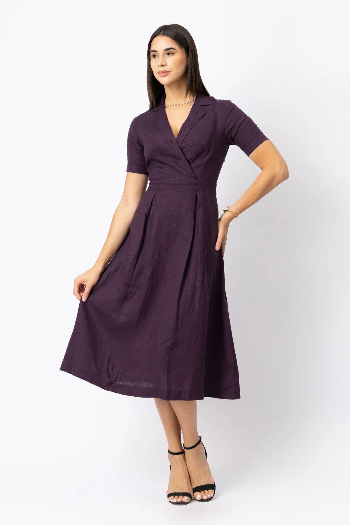 Linen Collared Wrap Style Midi Dress with Pleated Skirt