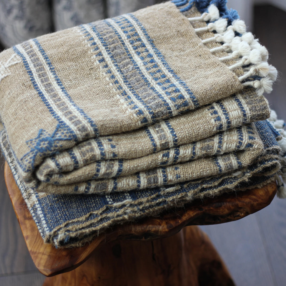 Ethnic Handspun Handwoven Wool Throw cum Blanket Beautiful Tassels Khaki 40x89