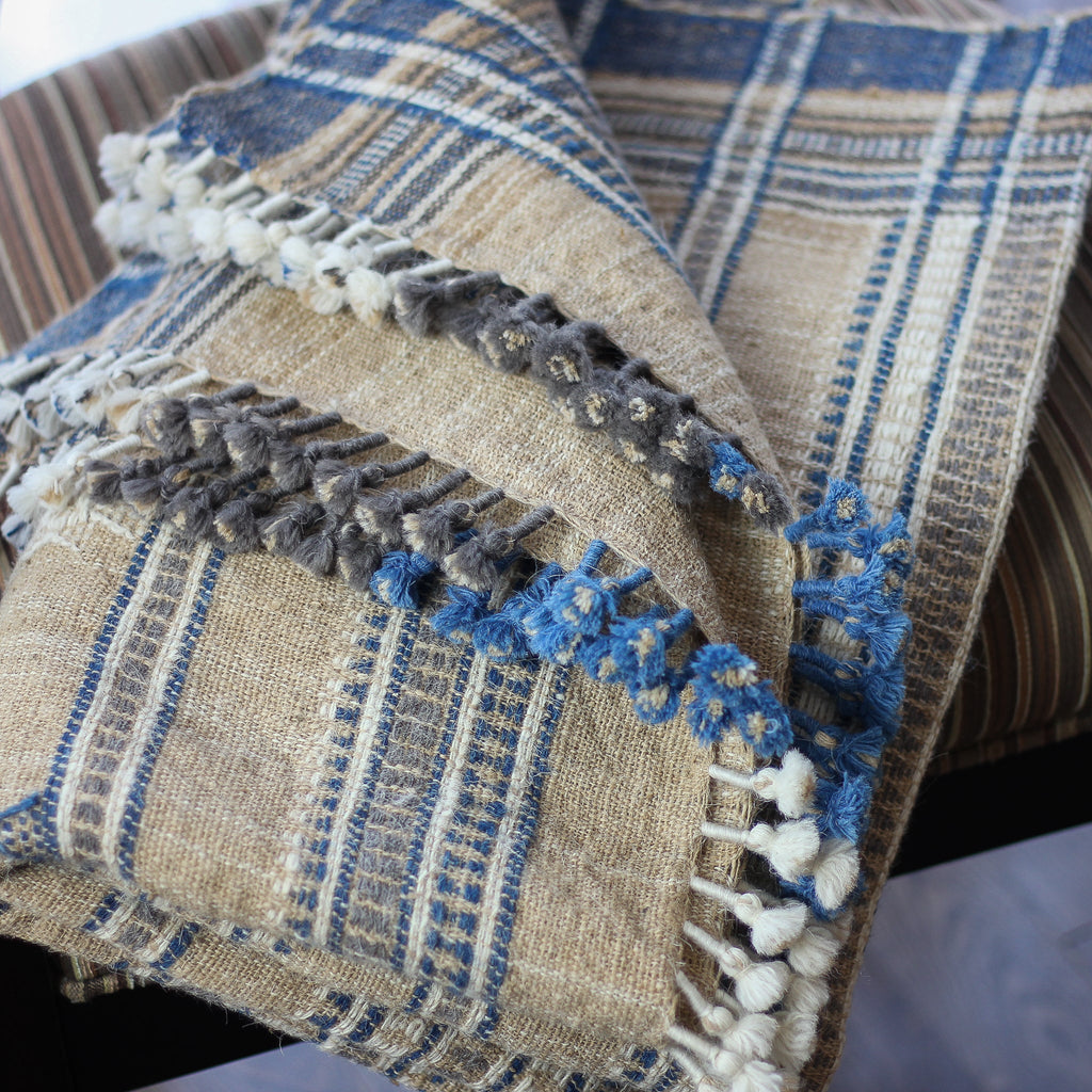 Ethnic Handspun Handwoven Wool Throw cum Blanket Beautiful Tassels Khaki 40x89