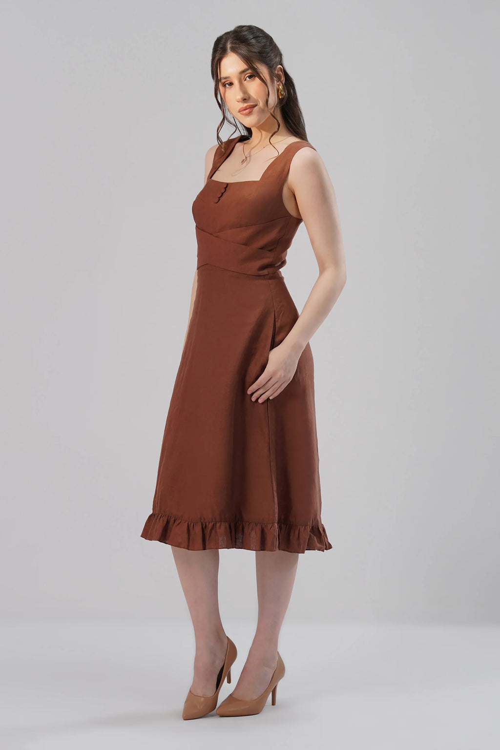 Structured Linen Midi Dress Square Neck Sculpted Waist