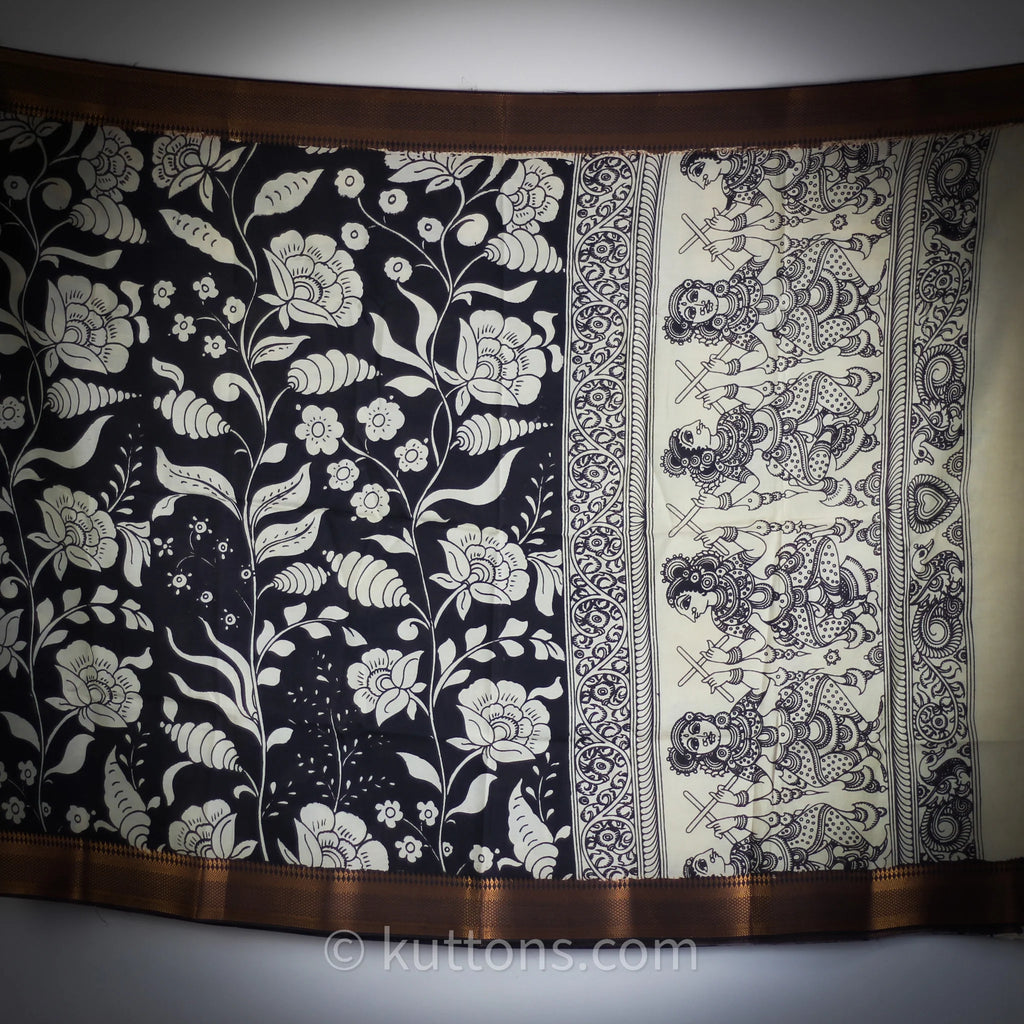 Ethnic Hand Painted Kalamkari Silk Wrap Natural Dyes Floral Dancing Divas Black 36x93