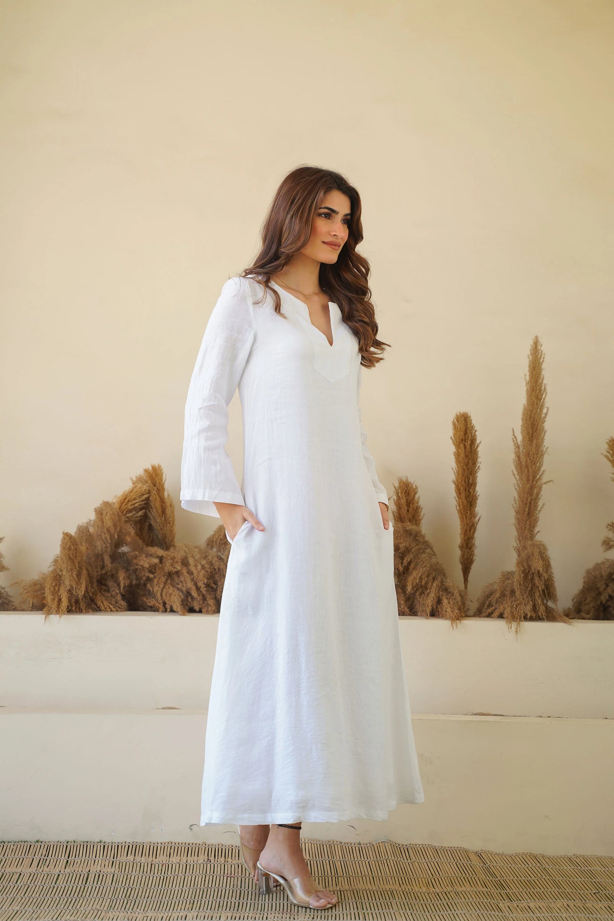 Linen Kaftan Dress Breezy White Pure Elegance Flowy Kaftan Maxi Dress with Full Sleeves Cotton Lining