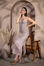 Linen Figure Hugging Midi Dress Scoop Neck with Pintuck Bodice