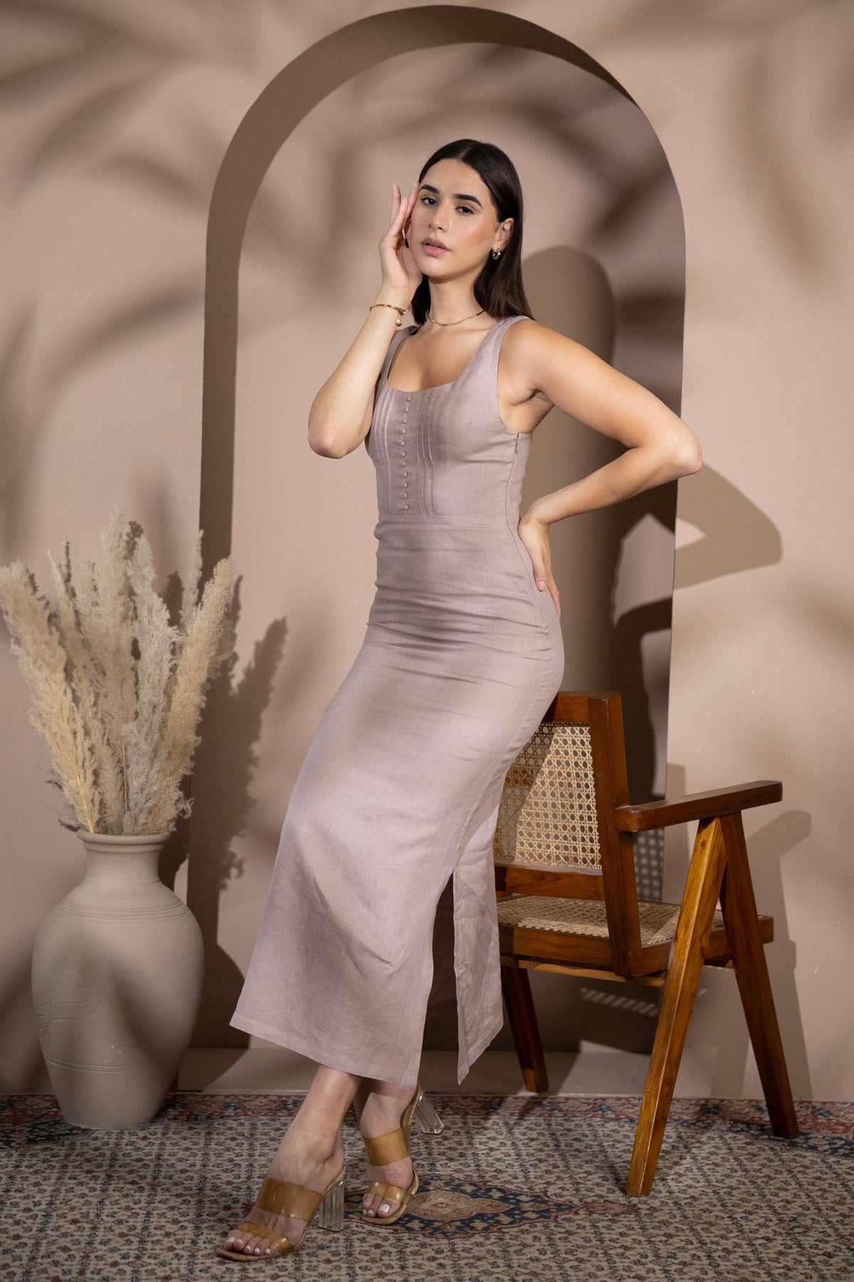 Linen Figure Hugging Midi Dress Scoop Neck with Pintuck Bodice