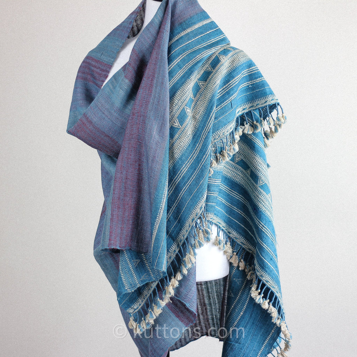 Handspun Handwoven Tussar Silk Merino Wool Shawl Wrap Blue Golden Brown 37x83