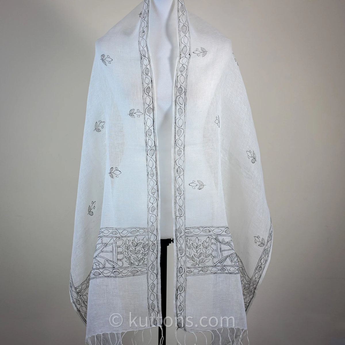 Ethnic Hand Painted Madhubani Scarf Linen Wrap White Black Peacock Motifs 20x80