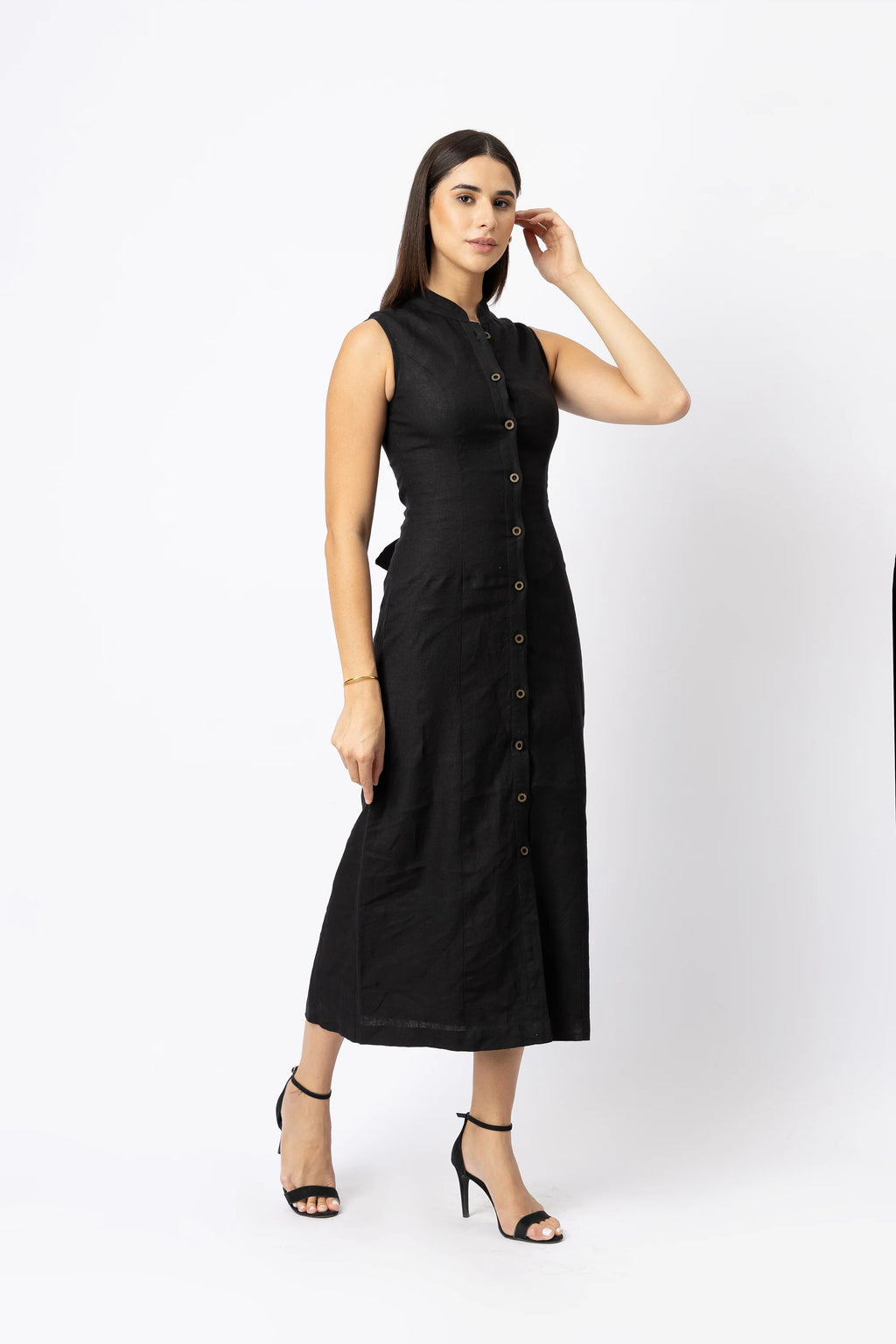 Linen Button Front Midi Dress with Tie Back