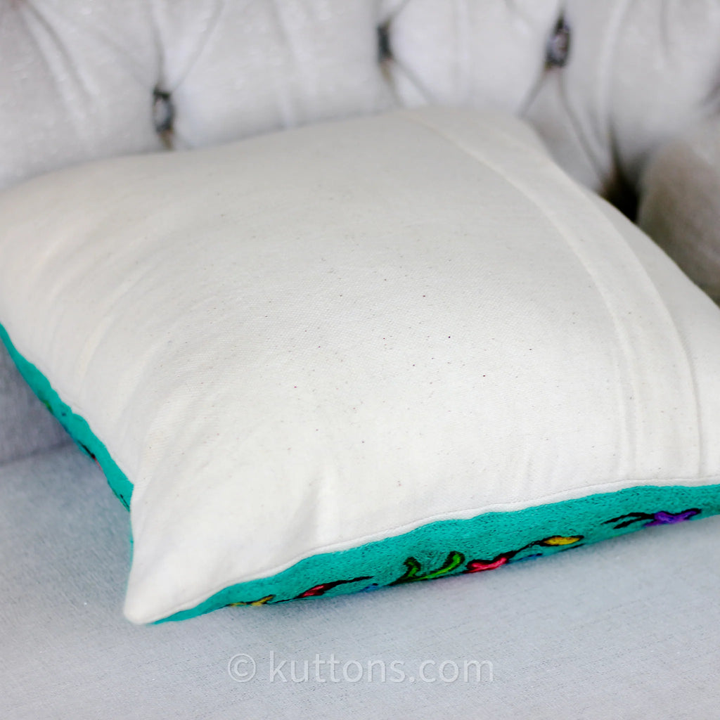 Kashmiri Ari Embroidery Handcrafted Cushion Cover Cotton Wool Green Pillow 16x16