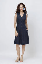 Elegant Sleeveless Linen Dress Tailored V Neck Button Down Dress in Premium European Linen
