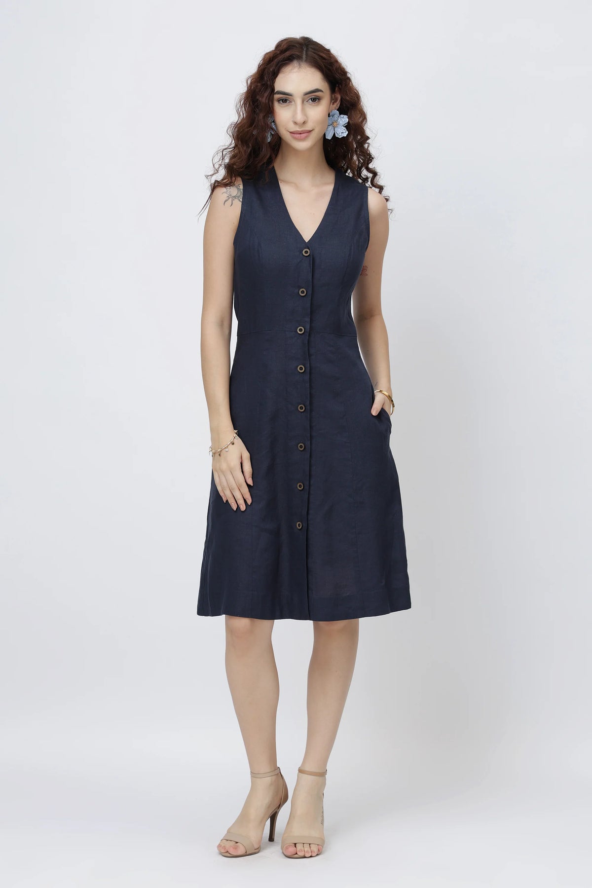 Elegant Sleeveless Linen Dress Tailored V Neck Button Down Dress in Premium European Linen