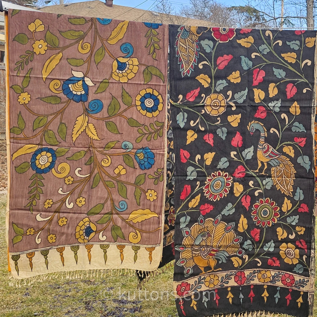 Kalamkari Hand Painted Cotton Scarf Ethnic Wrap Natural Colours Brown 21x75