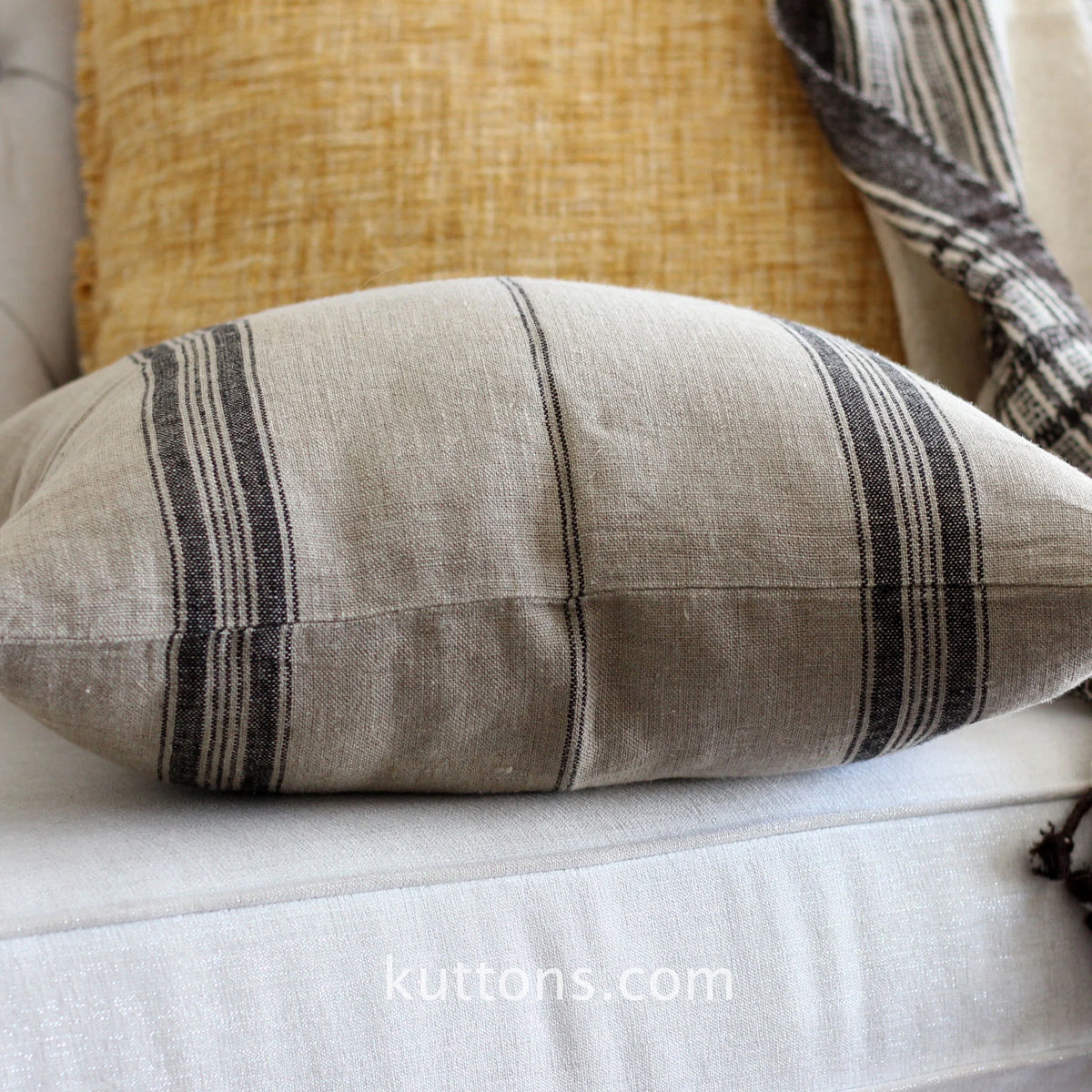 Handmade Natural Linen Cushion Cover Black Stripes Throw Pillow Brown 20x20