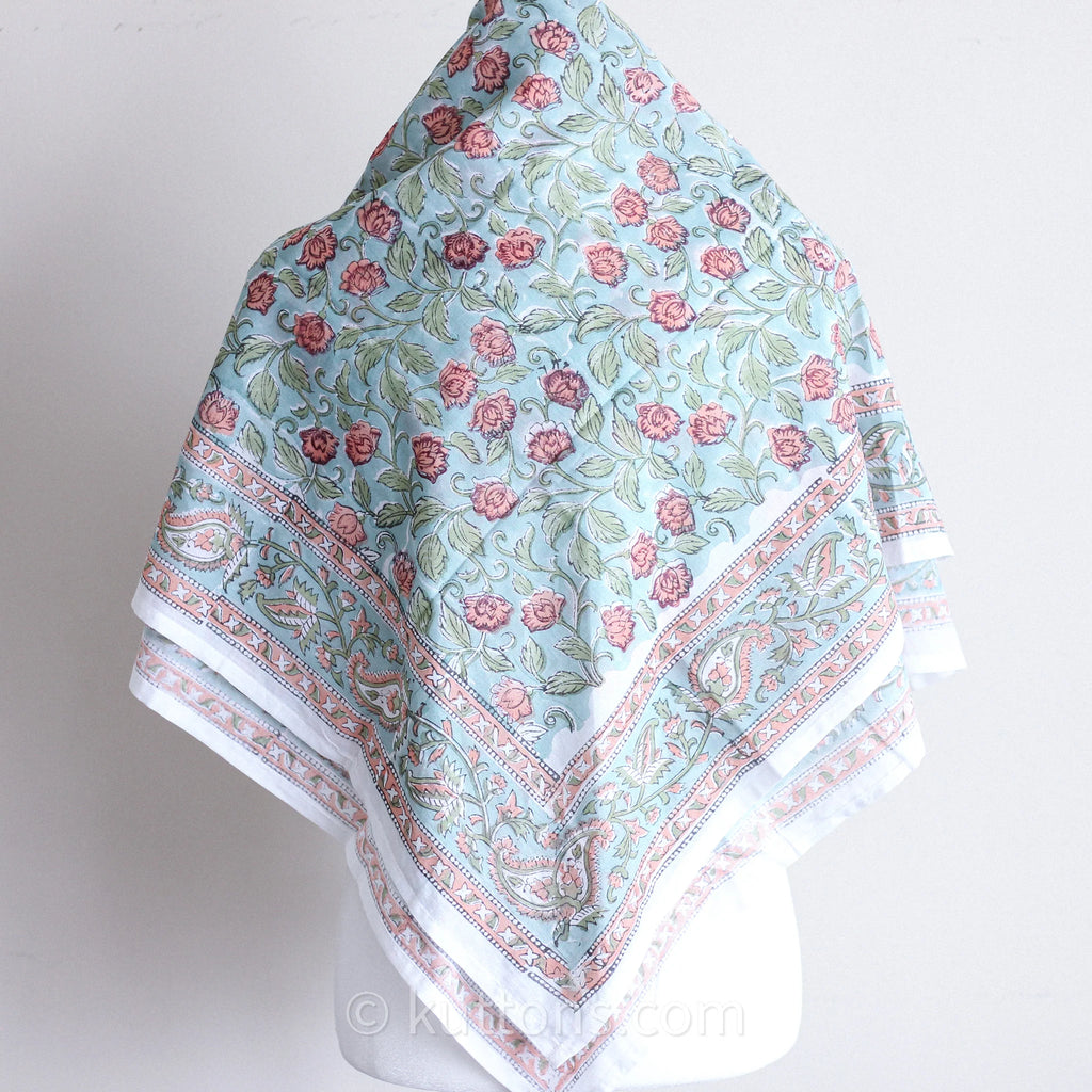 Sanganeri Hand Block Printed Cotton Bandana Soft Lightweight Airy Aqua Green 42x43