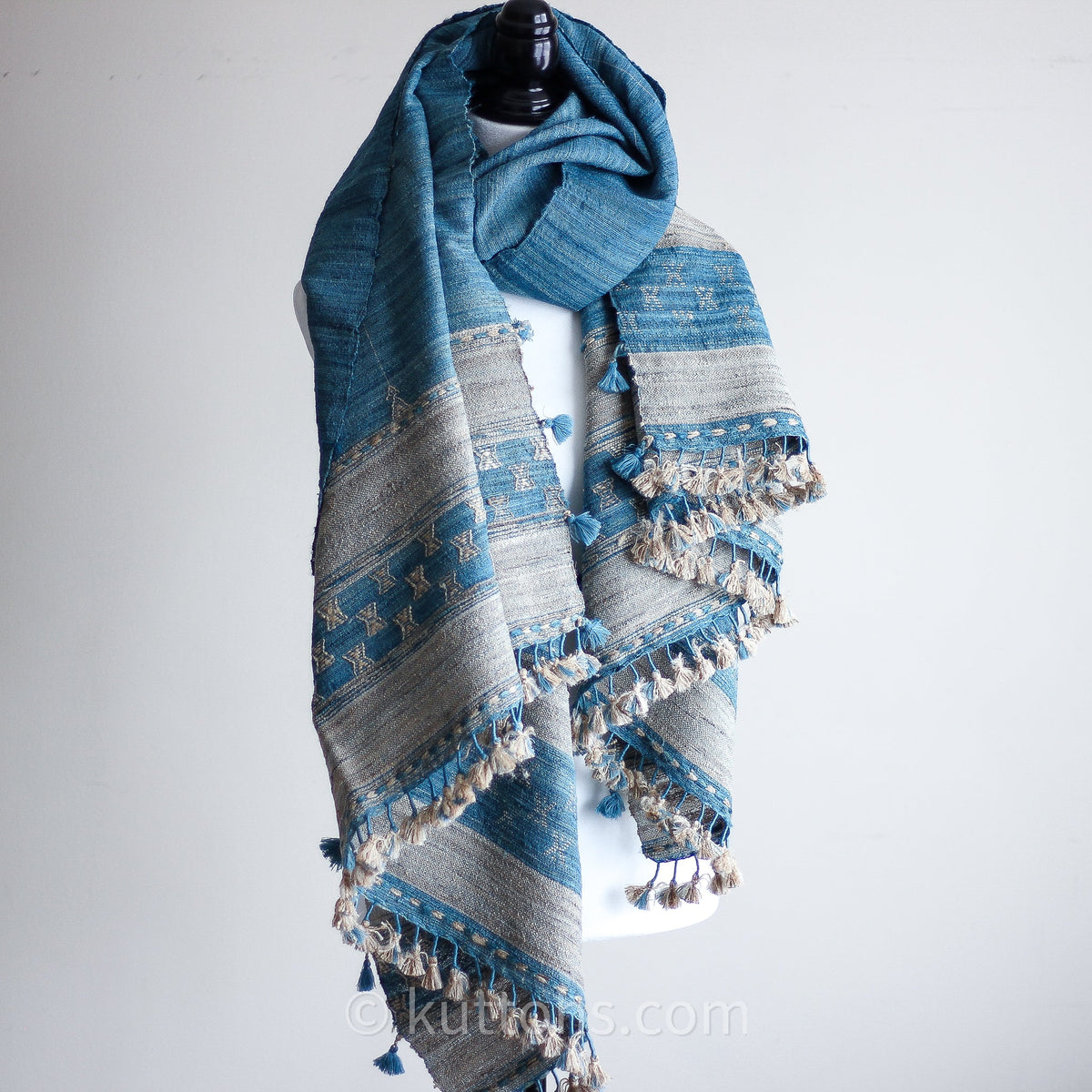 Tussar Silk Merino Wool Shawl with Tassels Handspun Handwoven Blue Golden Brown 40x82